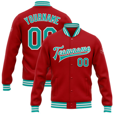 Custom Red Aqua-White Bomber Full-Snap Varsity Letterman Jacket