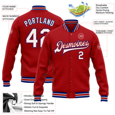 Custom Red White-Royal Bomber Full-Snap Varsity Letterman Jacket