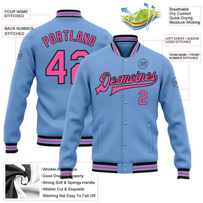 Custom Light Blue Pink-Black Bomber Full-Snap Varsity Letterman Jacket