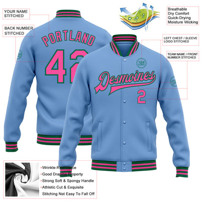 Custom Light Blue Pink-Kelly Green Bomber Full-Snap Varsity Letterman Jacket