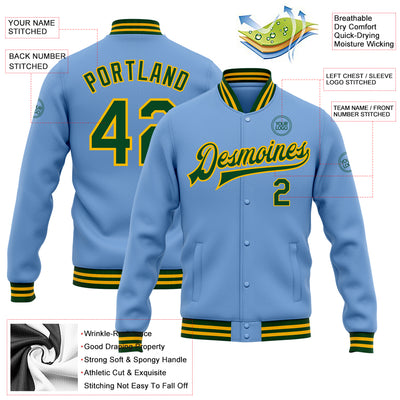 Custom Light Blue Green-Gold Bomber Full-Snap Varsity Letterman Jacket