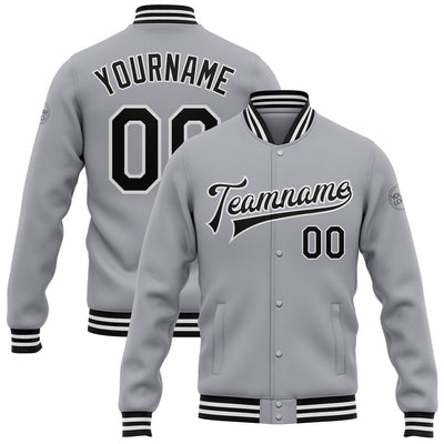 Custom Gray Black-White Bomber Full-Snap Varsity Letterman Jacket