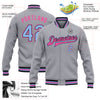 Custom Gray Light Blue Black-Pink Bomber Full-Snap Varsity Letterman Jacket