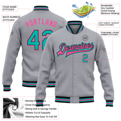 Custom Gray Aqua Black-Pink Bomber Full-Snap Varsity Letterman Jacket