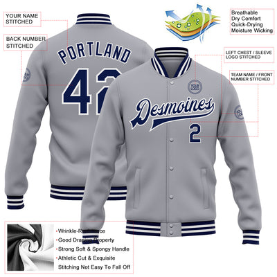 Custom Gray Navy-White Bomber Full-Snap Varsity Letterman Jacket