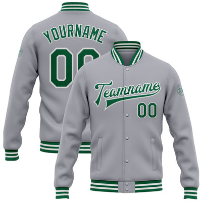 Custom Gray Kelly Green-White Bomber Full-Snap Varsity Letterman Jacket