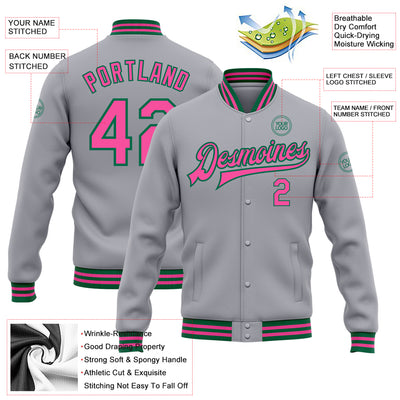 Custom Gray Pink-Kelly Green Bomber Full-Snap Varsity Letterman Jacket