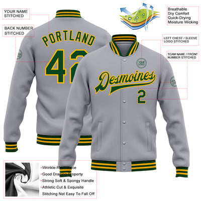 Custom Gray Green-Gold Bomber Full-Snap Varsity Letterman Jacket