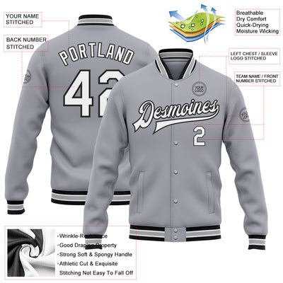 Custom Gray White-Black Bomber Full-Snap Varsity Letterman Jacket