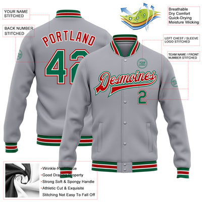 Custom Gray Kelly Green-Red Bomber Full-Snap Varsity Letterman Jacket