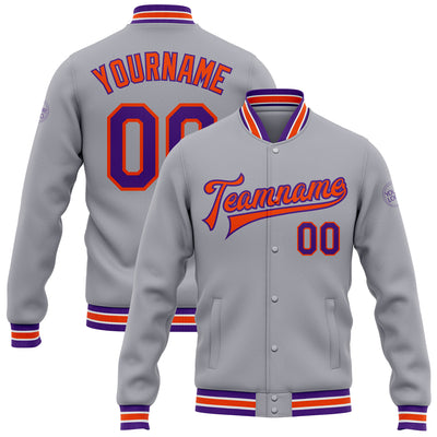 Custom Gray Purple-Orange Bomber Full-Snap Varsity Letterman Jacket