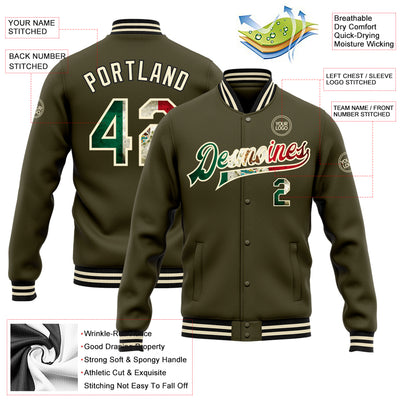 Custom Olive Vintage Mexican Flag Cream-Black Bomber Full-Snap Varsity Letterman Salute To Service Jacket