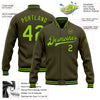 Custom Olive Neon Green-Black Bomber Full-Snap Varsity Letterman Salute To Service Jacket