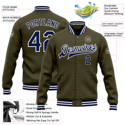 Custom Olive Navy-White Bomber Full-Snap Varsity Letterman Salute To Service Jacket