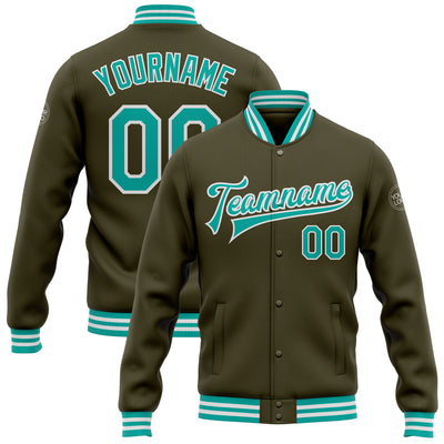 Custom Olive Aqua-White Bomber Full-Snap Varsity Letterman Salute To Service Jacket