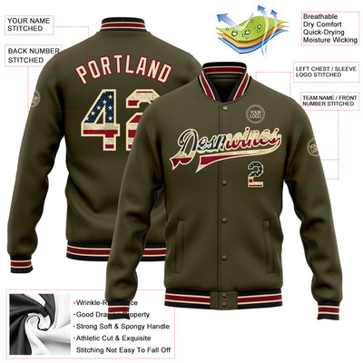 Custom Olive Vintage USA Flag City Cream-Black Bomber Full-Snap Varsity Letterman Salute To Service Jacket