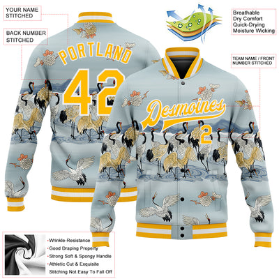 Custom Lakes Blue Gold-White Heron 3D Pattern Design Bomber Full-Snap Varsity Letterman Jacket