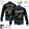 Custom Black Royal-White Heron And Wave 3D Pattern Design Bomber Full-Snap Varsity Letterman Jacket