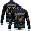 Custom Black Royal-White Heron And Wave 3D Pattern Design Bomber Full-Snap Varsity Letterman Jacket