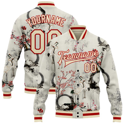 Custom Cream Red Heron And Flower 3D Pattern Design Bomber Full-Snap Varsity Letterman Jacket