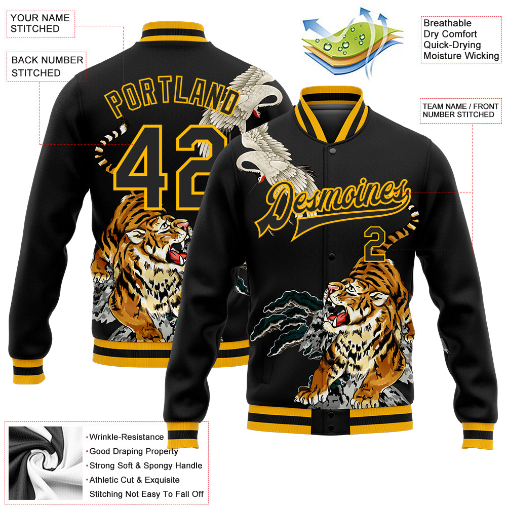 Custom Black Gold Heron And Tiger 3D Pattern Design Bomber Full-Snap Varsity Letterman Jacket