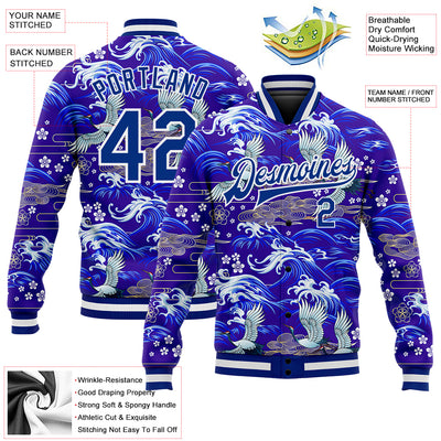 Custom Royal White Heron And Wave 3D Pattern Design Bomber Full-Snap Varsity Letterman Jacket