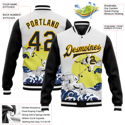 Custom White Black-Gold Heron And Wave 3D Pattern Design Bomber Full-Snap Varsity Letterman Jacket