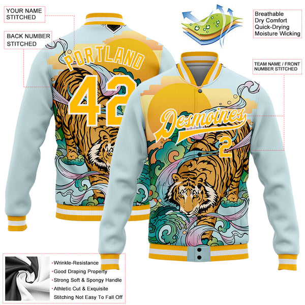 Custom Black Black-Old Gold Tiger and Peacock 3D Pattern Design Bomber Full-Snap Varsity Letterman Jacket Men's Size:2XL