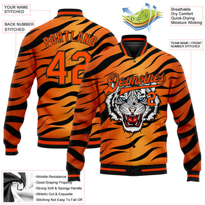 Custom Orange Black Tiger 3D Pattern Design Bomber Full-Snap Varsity Letterman Jacket