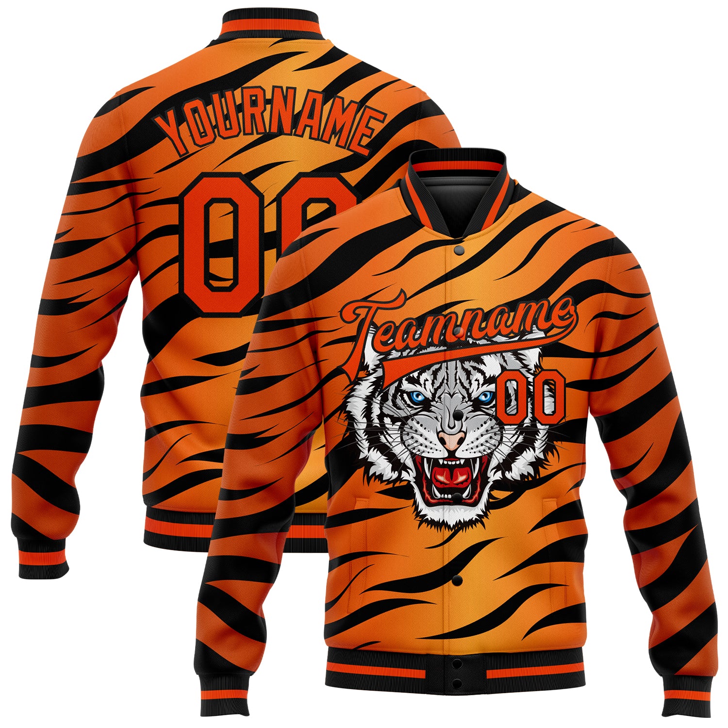 Custom Orange Black Tiger 3D Pattern Design Bomber Full-Snap Varsity Letterman Jacket