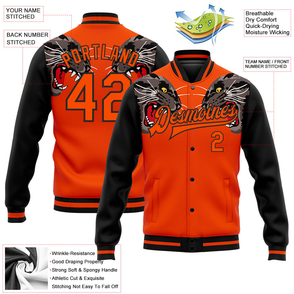 Custom Orange Black Leopard 3D Pattern Design Bomber Full-Snap Varsity Letterman Jacket