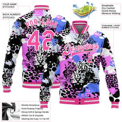 Custom Black Pink-White Leopard 3D Pattern Design Bomber Full-Snap Varsity Letterman Jacket