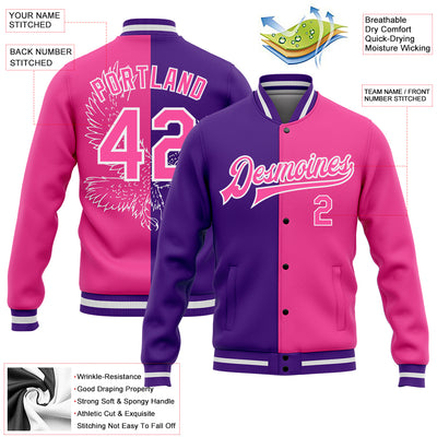 Custom Purple Pink-White Eagle 3D Pattern Design Bomber Full-Snap Varsity Letterman Jacket