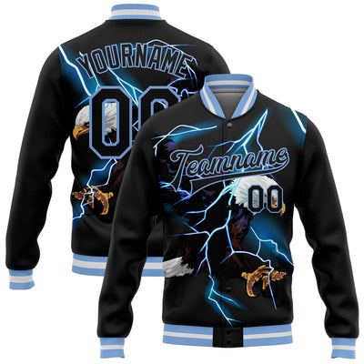 Custom Black Light Blue-White Lightning Eagle 3D Pattern Design Bomber Full-Snap Varsity Letterman Jacket