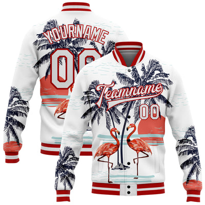 Custom White Red Flamingo And Tropical Hawaii Palm Tree 3D Bomber Full-Snap Varsity Letterman Jacket