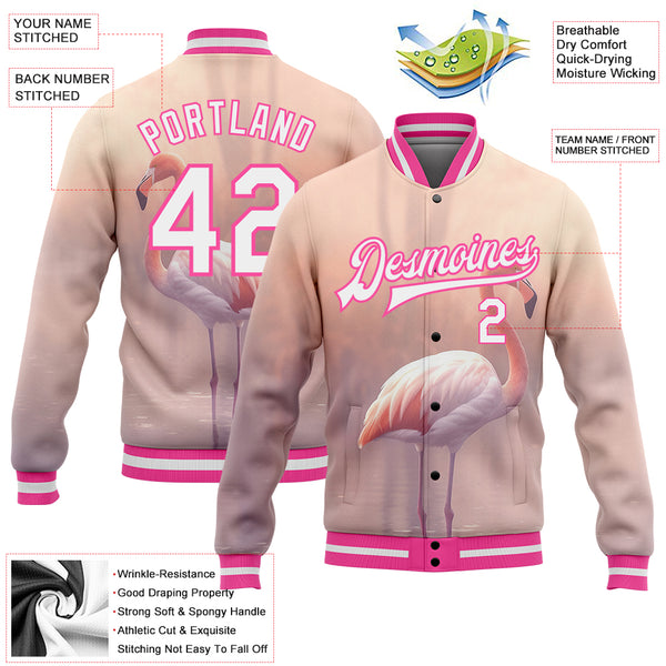 Custom Varsity Letterman Jacket Medium Pink White-Pink Flamingo 3D Pattern Design Bomber Full-Snap Women's Size:M