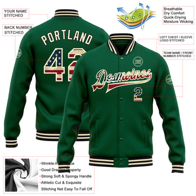 Custom Kelly Green Vintage USA Flag City Cream-Black Bomber Full-Snap Varsity Letterman Jacket