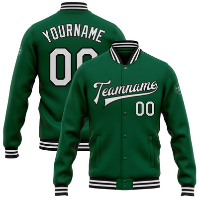 Custom Kelly Green White-Black Bomber Full-Snap Varsity Letterman Jacket