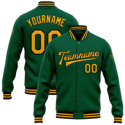 Custom Kelly Green Gold-Black Bomber Full-Snap Varsity Letterman Jacket