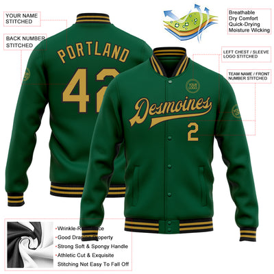 Custom Kelly Green Old Gold-Black Bomber Full-Snap Varsity Letterman Jacket