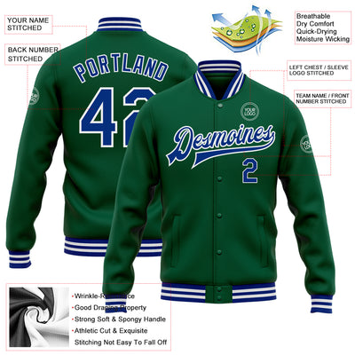 Custom Kelly Green Royal-White Bomber Full-Snap Varsity Letterman Jacket