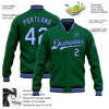 Custom Kelly Green Light Blue-Navy Bomber Full-Snap Varsity Letterman Jacket