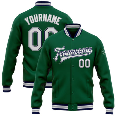 Custom Kelly Green White Navy-Gray Bomber Full-Snap Varsity Letterman Jacket