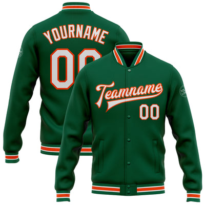 Custom Kelly Green White-Orange Bomber Full-Snap Varsity Letterman Jacket