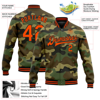 Custom Camo Orange-Black Bomber Full-Snap Varsity Letterman Salute To Service Jacket