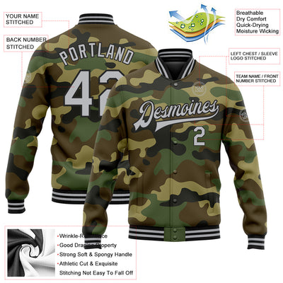 Custom Camo Gray-Black Bomber Full-Snap Varsity Letterman Salute To Service Jacket