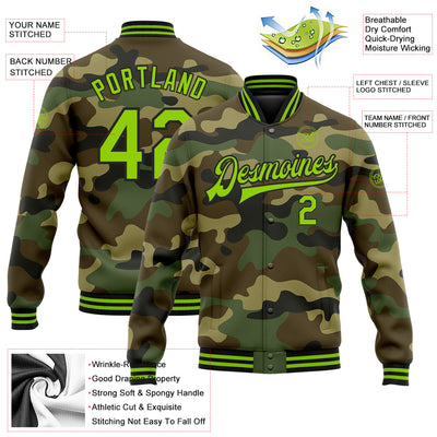 Custom Camo Neon Green-Black Bomber Full-Snap Varsity Letterman Salute To Service Jacket