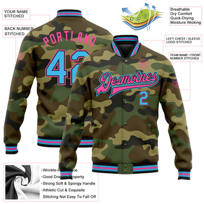 Custom Camo Sky Blue Black-Pink Bomber Full-Snap Varsity Letterman Salute To Service Jacket