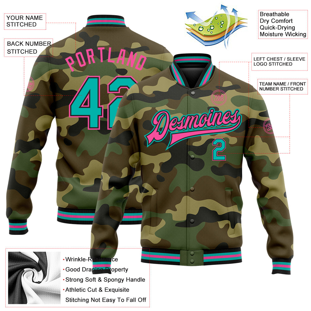 Custom Camo Aqua Black-Pink Bomber Full-Snap Varsity Letterman Salute To Service Jacket