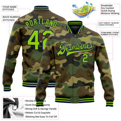 Custom Camo Neon Green-Navy Bomber Full-Snap Varsity Letterman Salute To Service Jacket